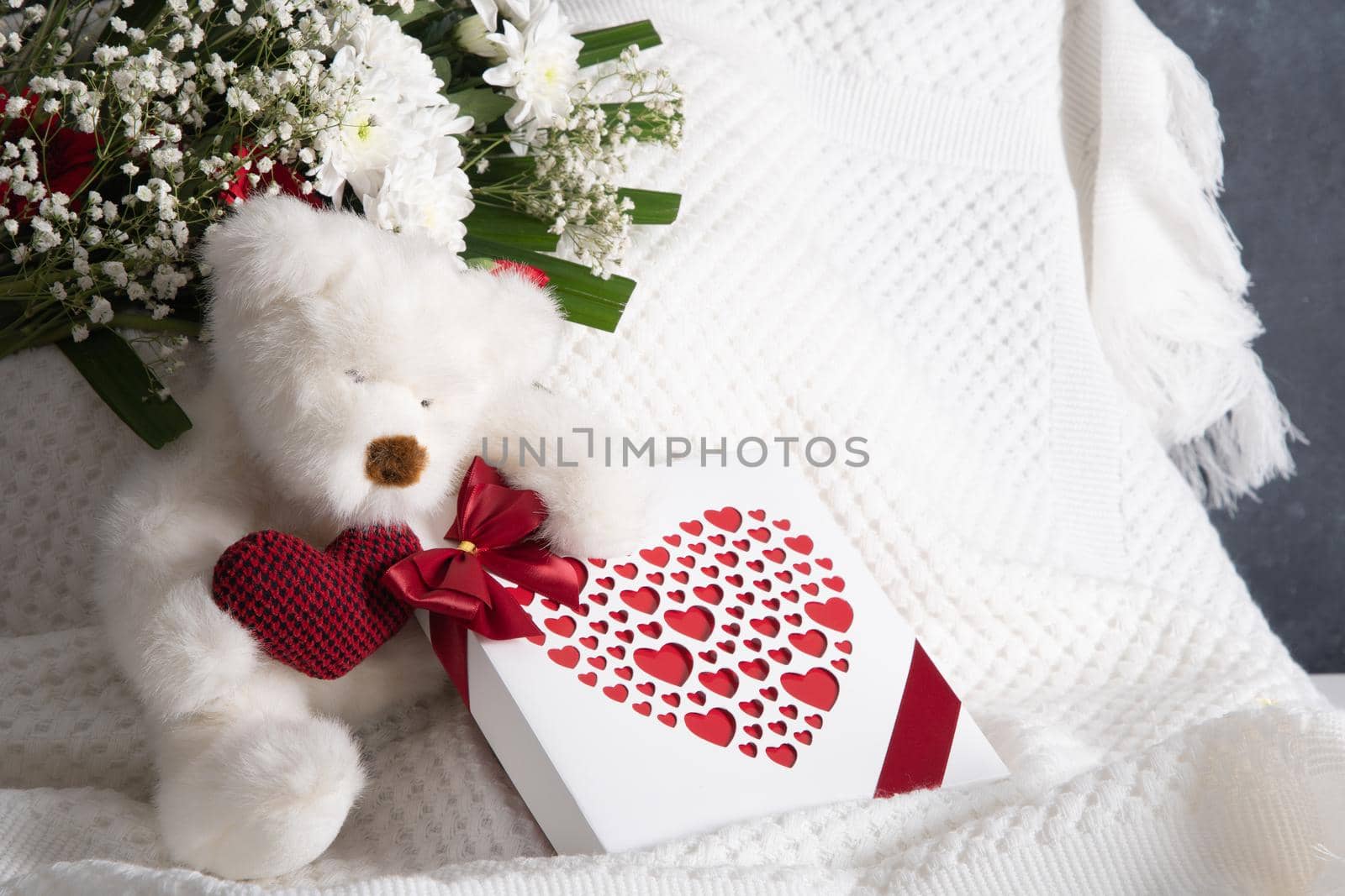 Valentine's day gift, teddy bear with a heart, a box of pralines and a bouquet by KaterinaDalemans