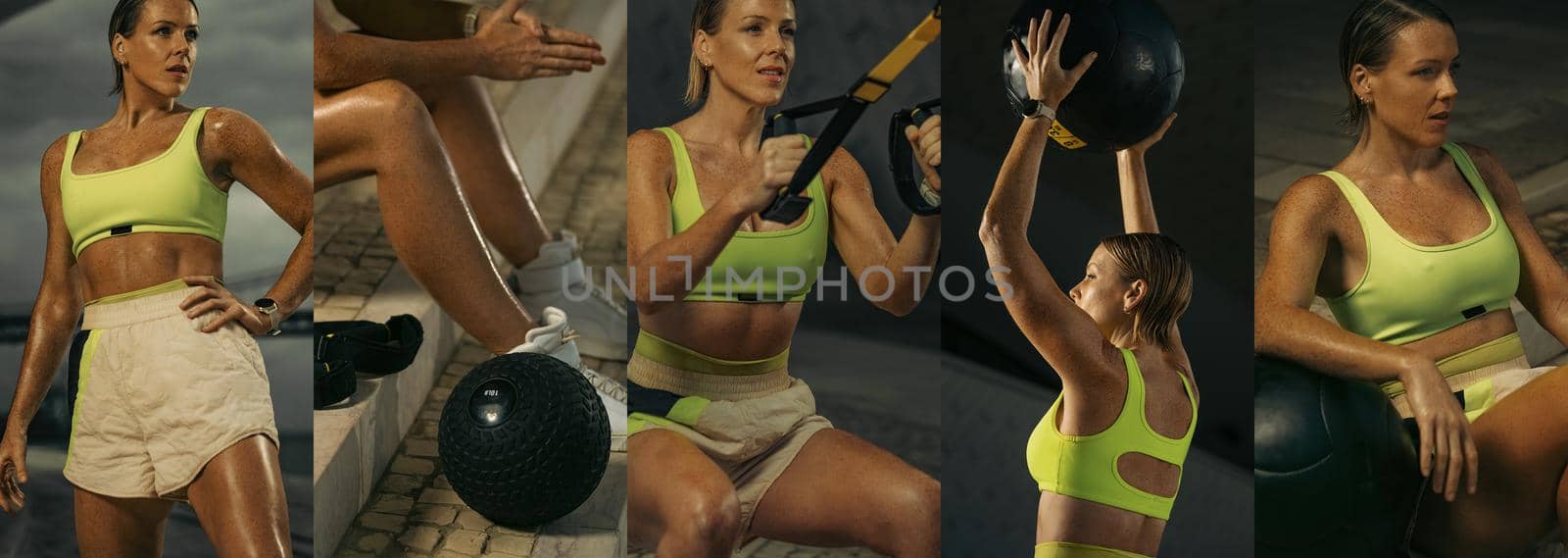 Collage with woman in fitness wear doing workout with a heavy medicine ball and trx straps outdoors. Sporty girl with fit body in sportswear with equipment