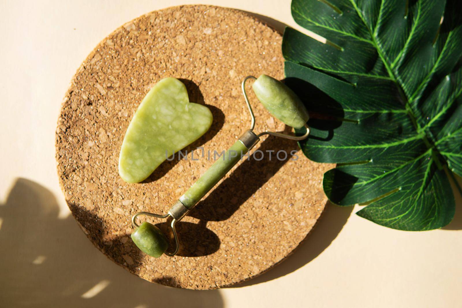 Jade Gua sha scraper and face roller massager on a cork round stand with a monstera leaf. Hard light, shadows, the concept self-care. Facial care. Zero waste. Lifting and toning treatment at home.