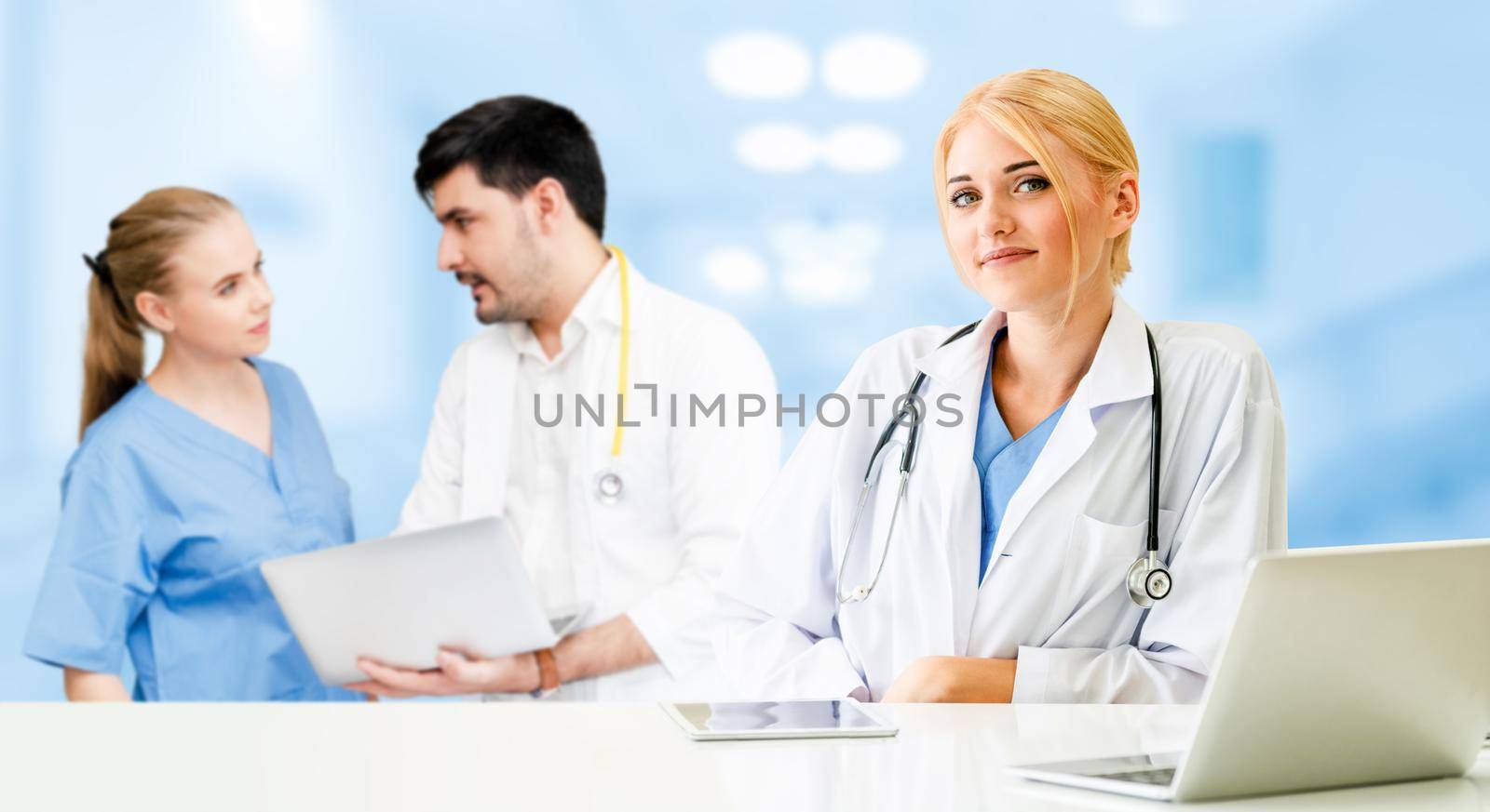 Healthcare people group. Professional doctor working in hospital office or clinic with other doctors, nurse and surgeon. Medical technology research institute and doctor staff service concept.