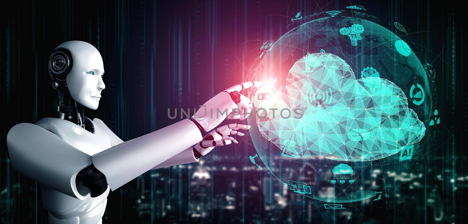 AI robot using cloud computing technology to store data on online server . Futuristic concept of cloud information storage analyzed by machine learning process . 3D rendering illustration .