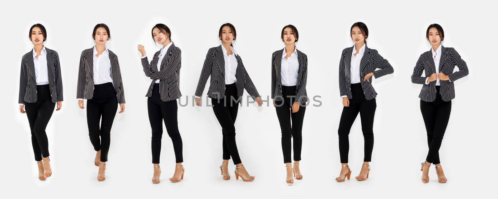 Different pose of same Asian woman full body portrait set on white background wearing formal business suit in studio collection .