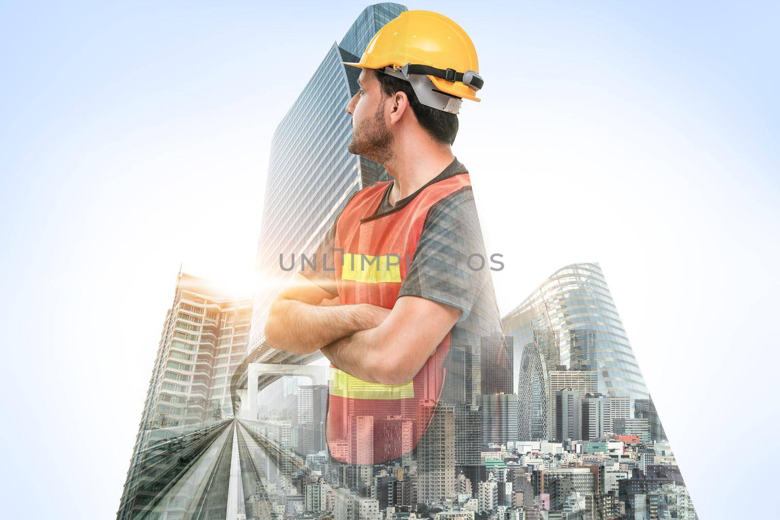 Future building construction engineering project concept with double exposure graphic design. Building engineer, architect people or construction worker working with modern civil equipment technology.