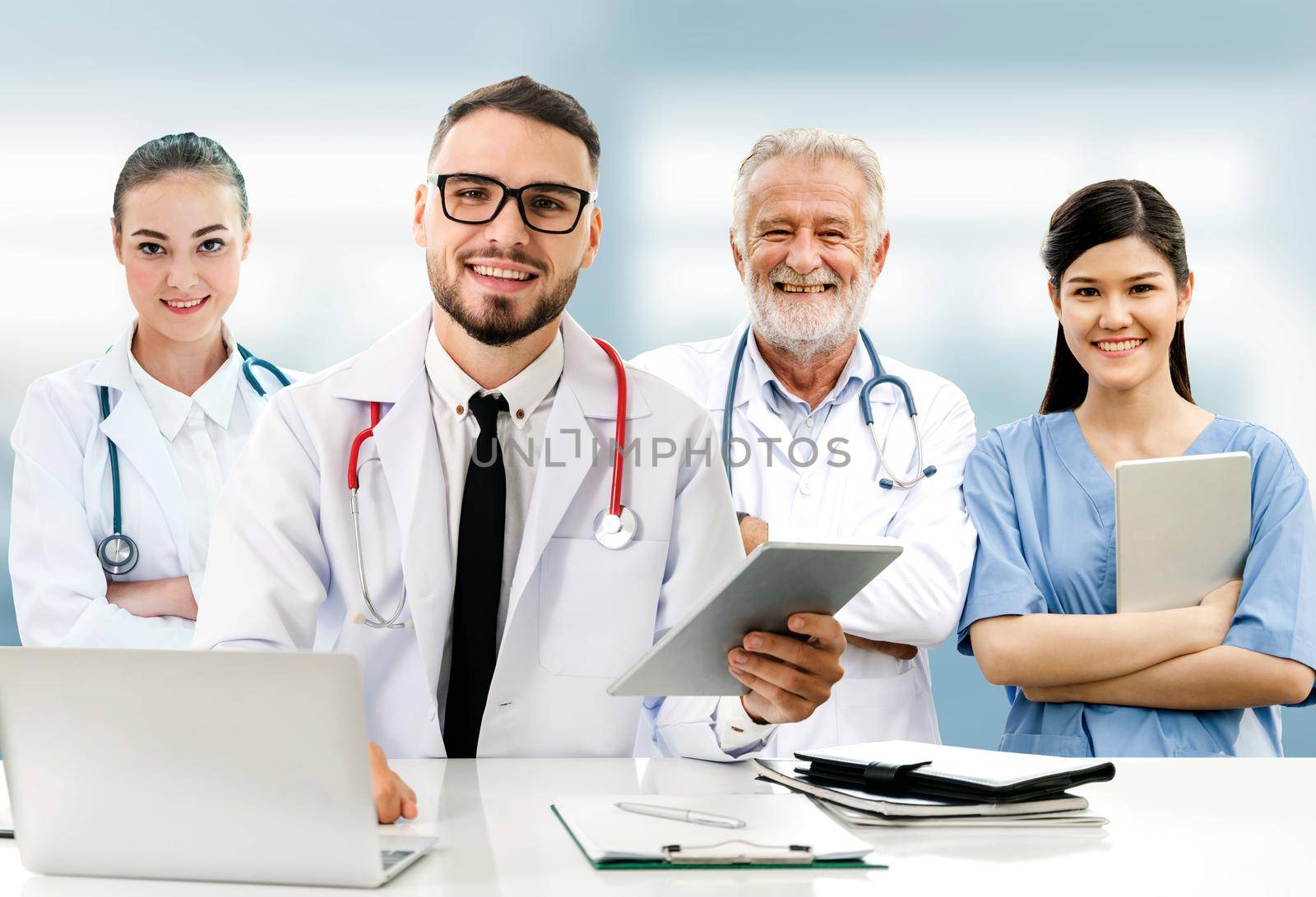 Healthcare people group. Professional doctor working in hospital office or clinic with other doctors, nurse and surgeon. Medical technology research institute and doctor staff service concept.