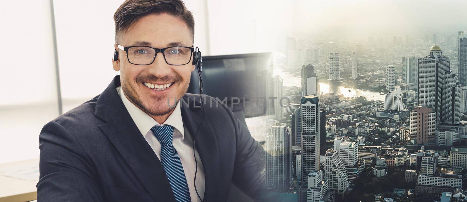 Business people wearing headset working in office to support remote customer or colleague. Call center, telemarketing, customer support agent provide service in broaden view .