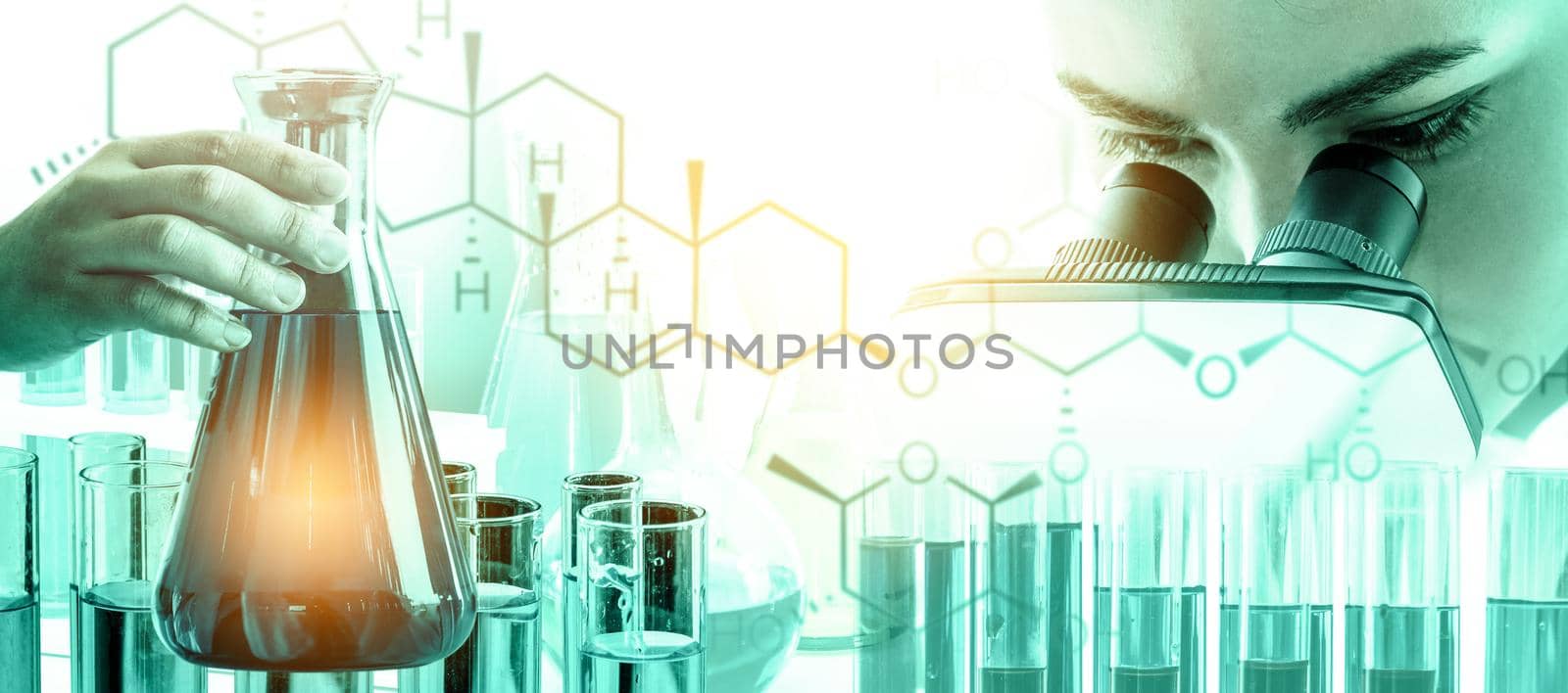 Research and development concept. Double exposure image of scientific and medical lab instrument, microscope, test tube and glass flask for microbiology and chemistry in laboratory for medicine study.