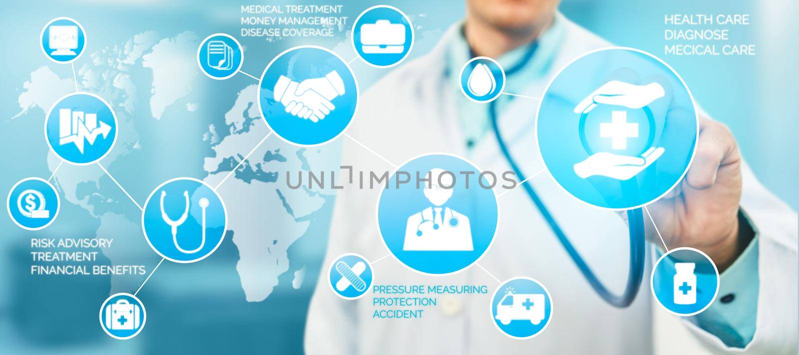 Health Insurance Concept - Doctor in hospital with health insurance related icon graphic interface showing healthcare people, money planning, risk management, medical treatment and coverage benefit.