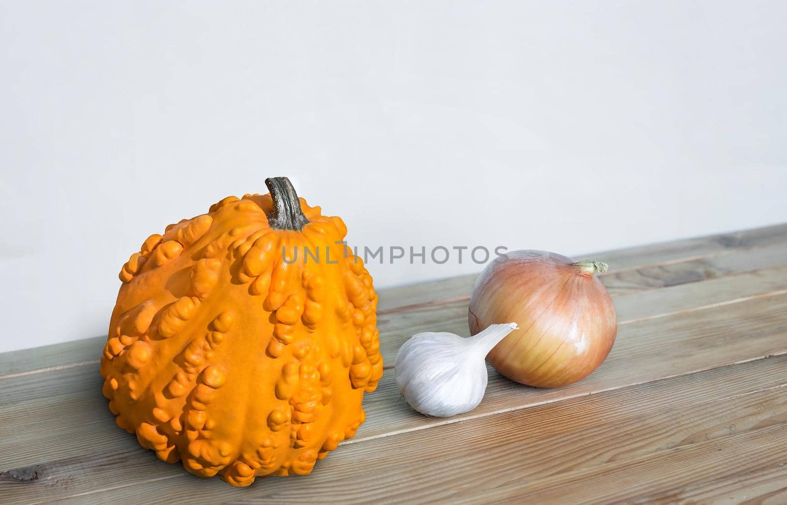 On the wooden table is a head of onion, garlic and orange pumpkin