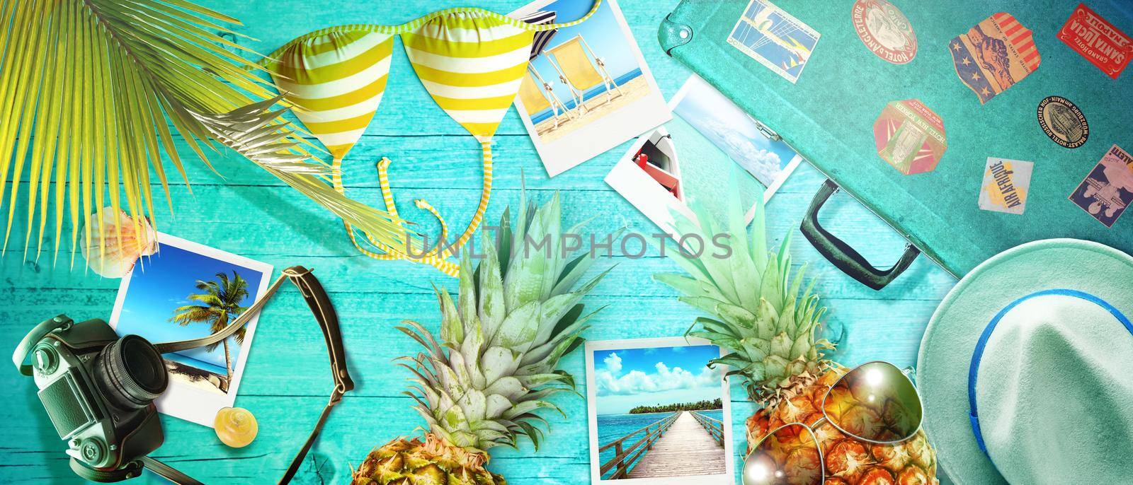 Nautical concept with palm leaf, beach hat, seashells and pineapple. by Taut