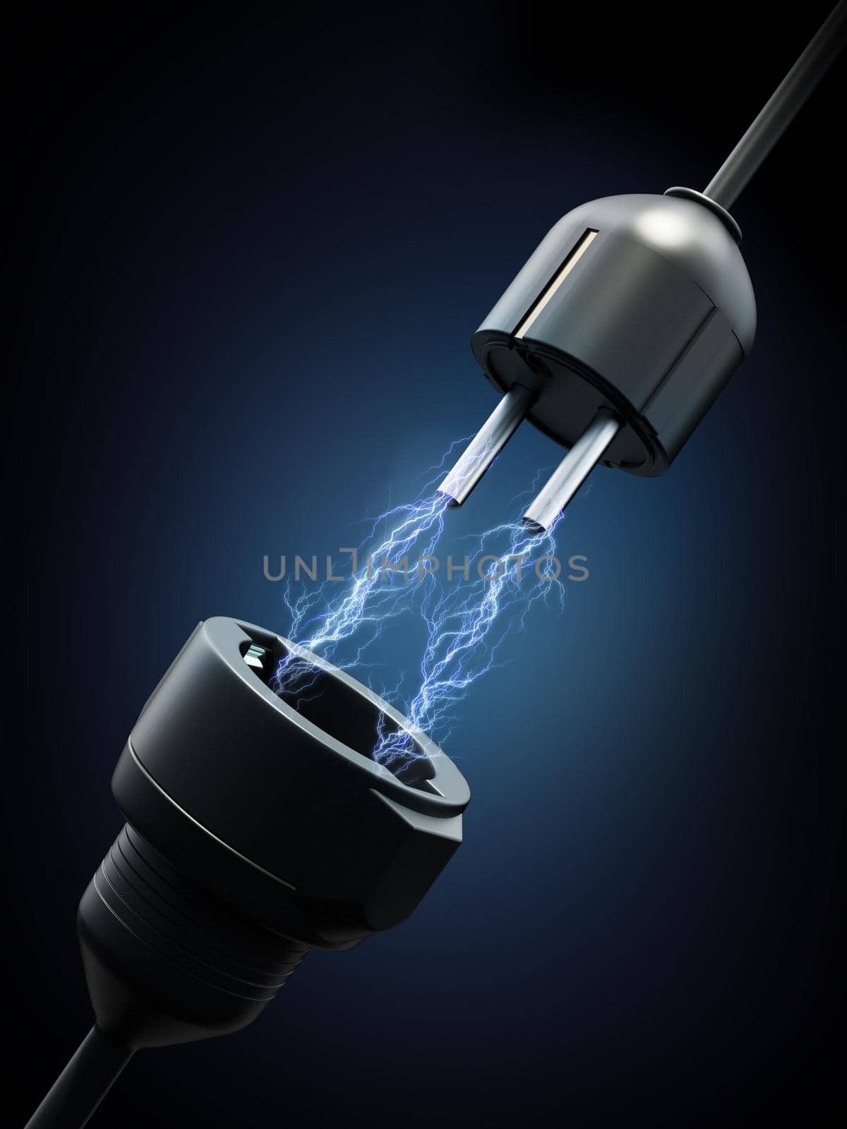 Lightnings between electric plug and power socket. Electrical energy concept. 3D illustration by Simsek