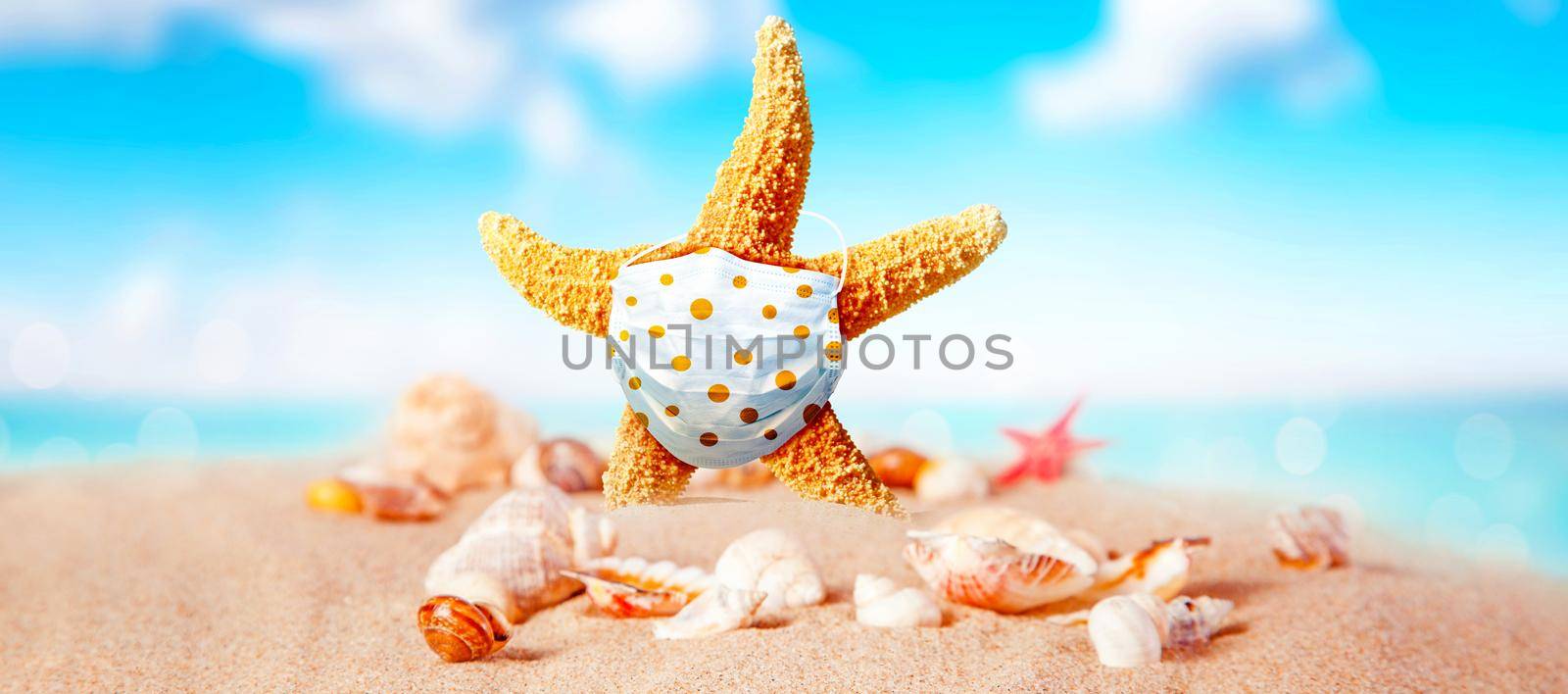 Starfish with corona virus masks on vacation by Taut