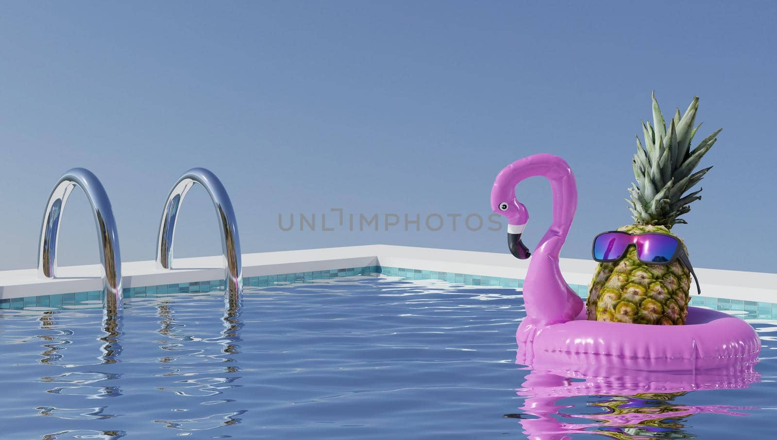 Summer Vacation and Swimming Pool Relaxation Lifestyles Concept, Pineapple With Sunglasses in Poolside at The Beach Vacations. Tropical Leisure Activities Relaxing and Holiday Resort. 3d rendering. by jbruiz78