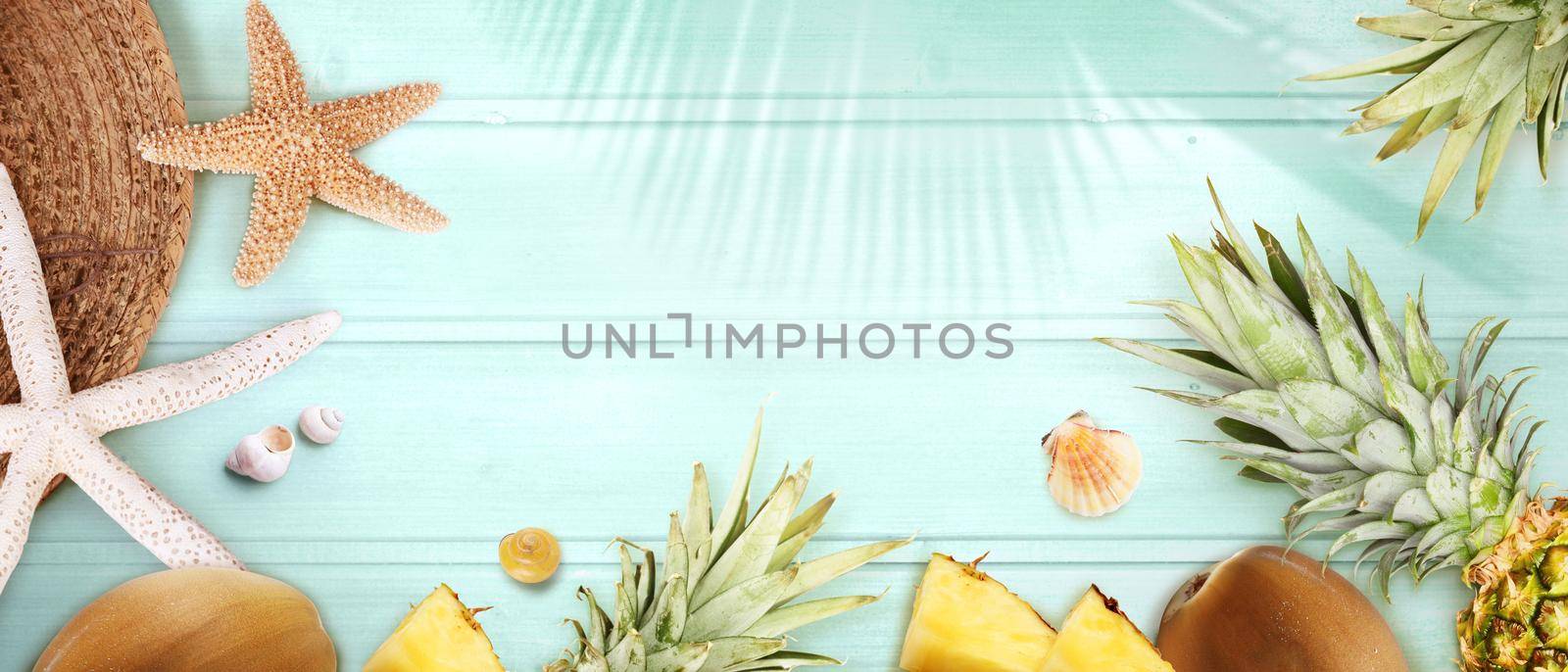 Tropical summer vacation concept with beach accessories.