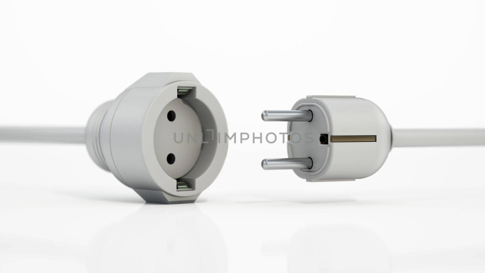 Electric plug and power socket isolated on white background. 3D illustration by Simsek