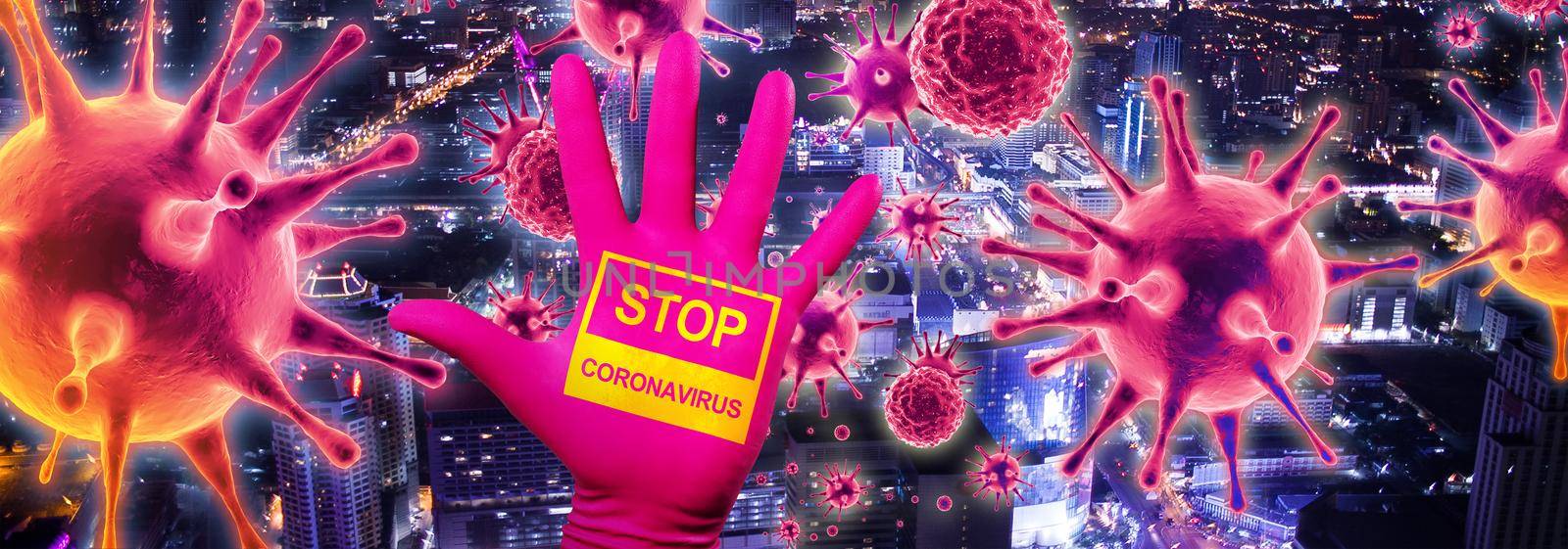 Stop corona virus background, pandemic risk concept. 3D illustration by Taut