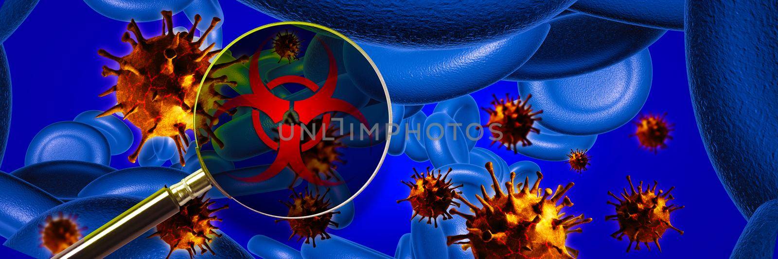 Microscopic view of corona virus cells. 3D illustration by Taut