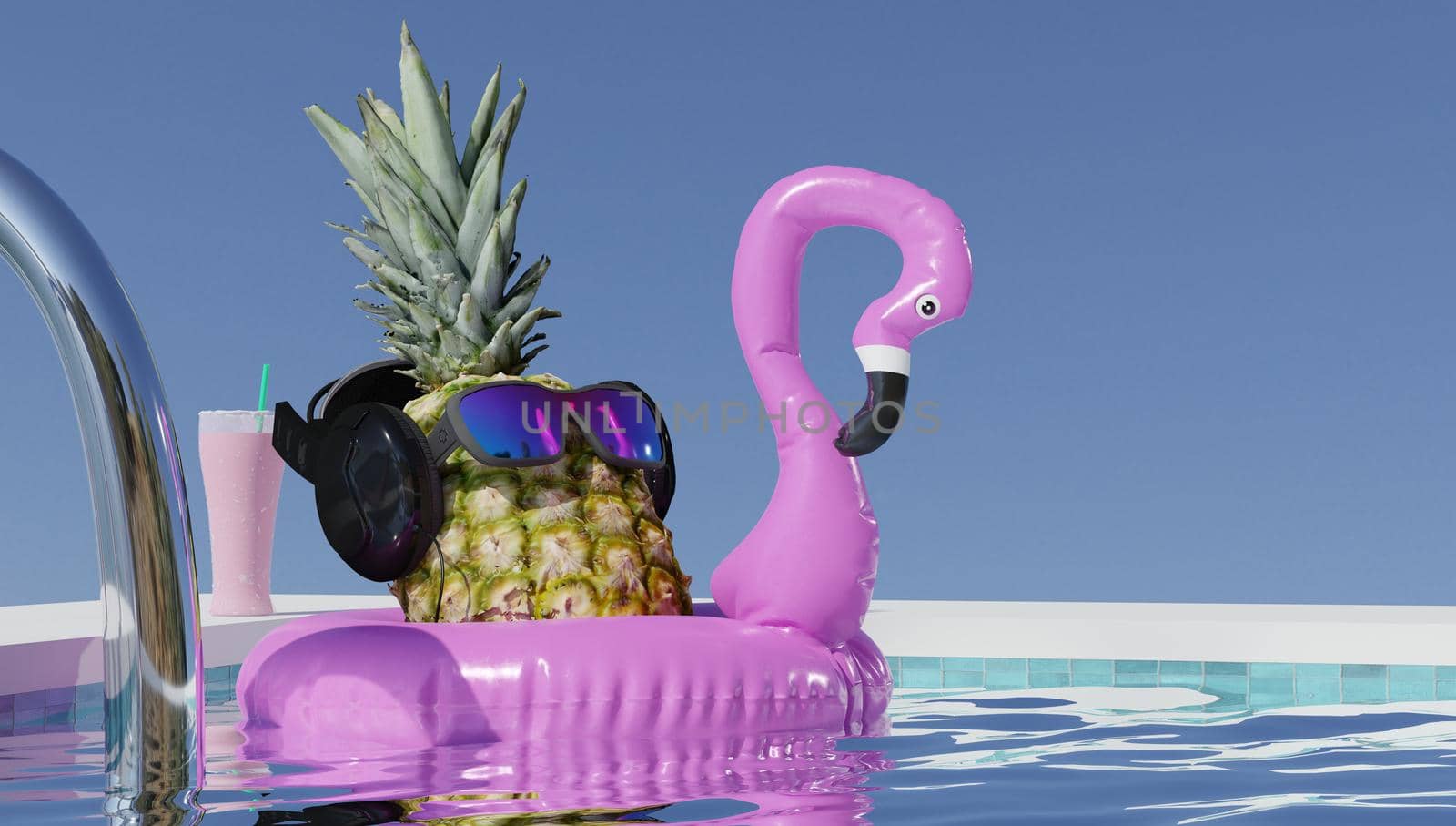 Summer Vacation and Swimming Pool Relaxation Lifestyles Concept, Pineapple With Sunglasses in Poolside at The Beach Vacations. Tropical Leisure Activities Relaxing and Holiday Resort. 3d rendering