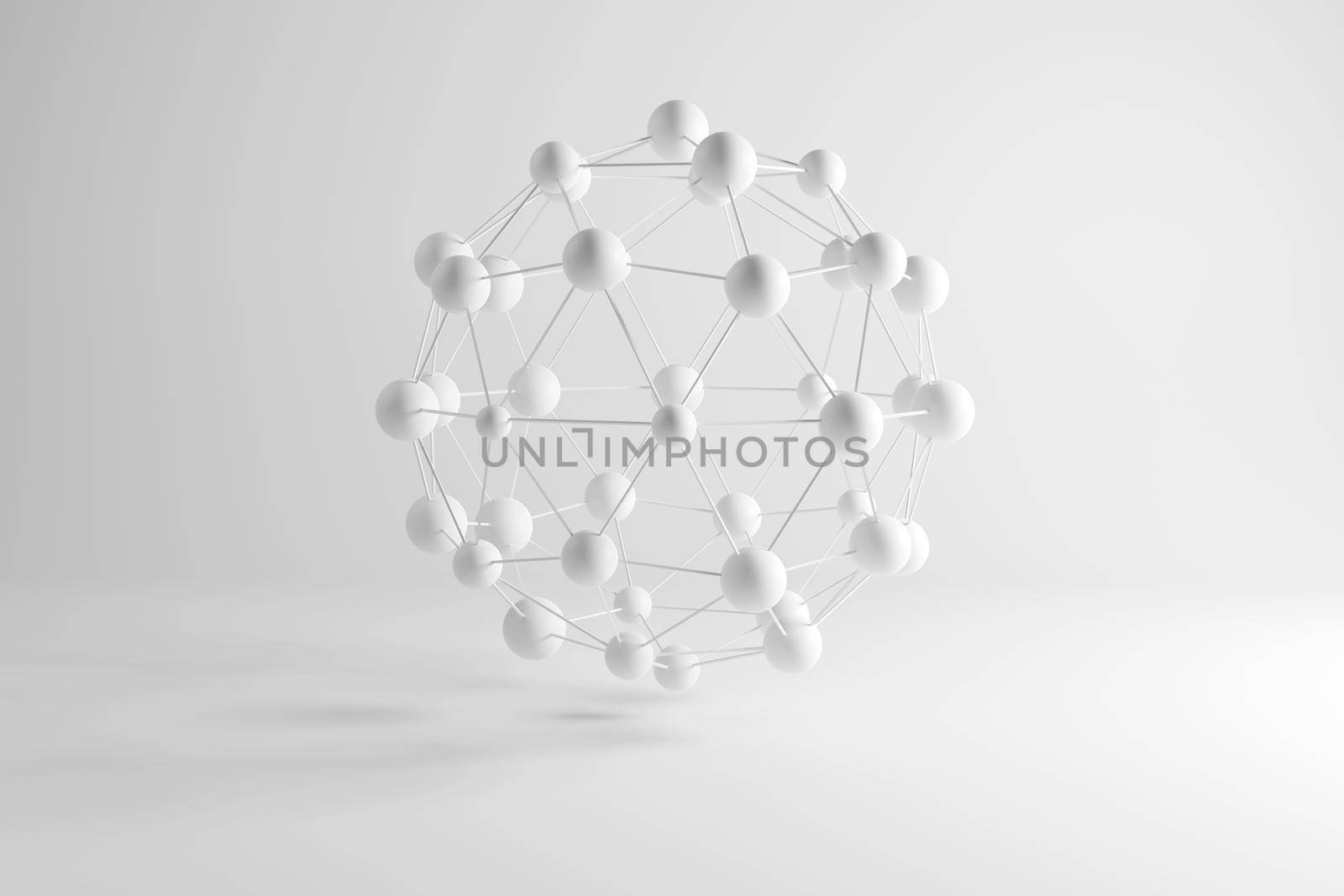 Three dimensional render of white connected spheres. 3d render by raferto1973