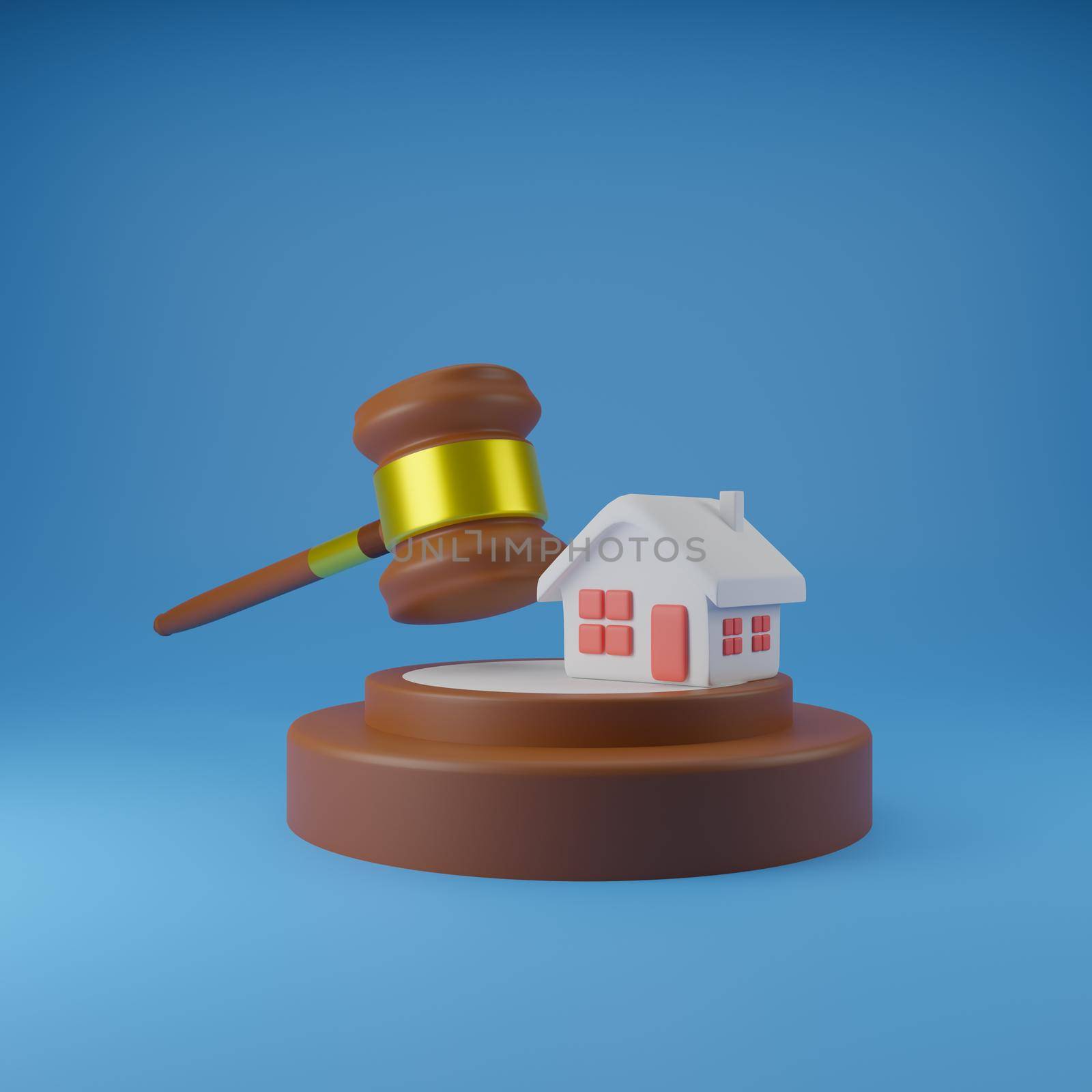 3D Lawyer and 3D Real Estate concept. House model and Hammer Lawyer. 3d render illustration