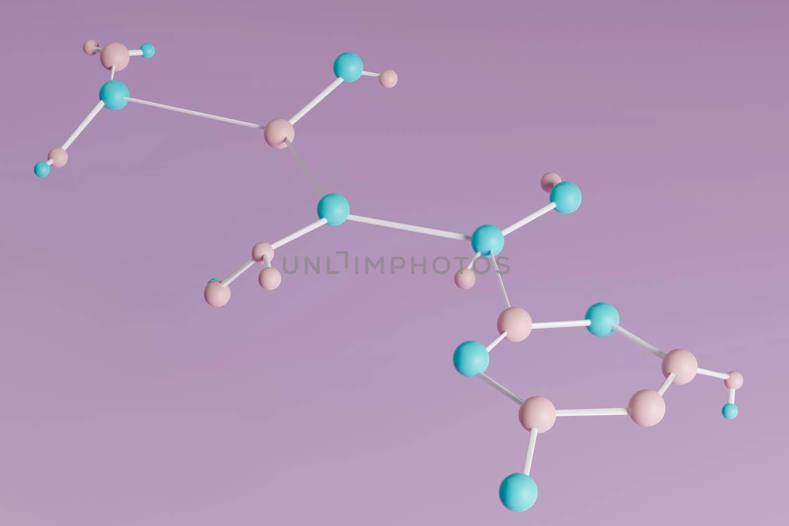 Green and pink molecule model over purple background. 3d render by raferto1973