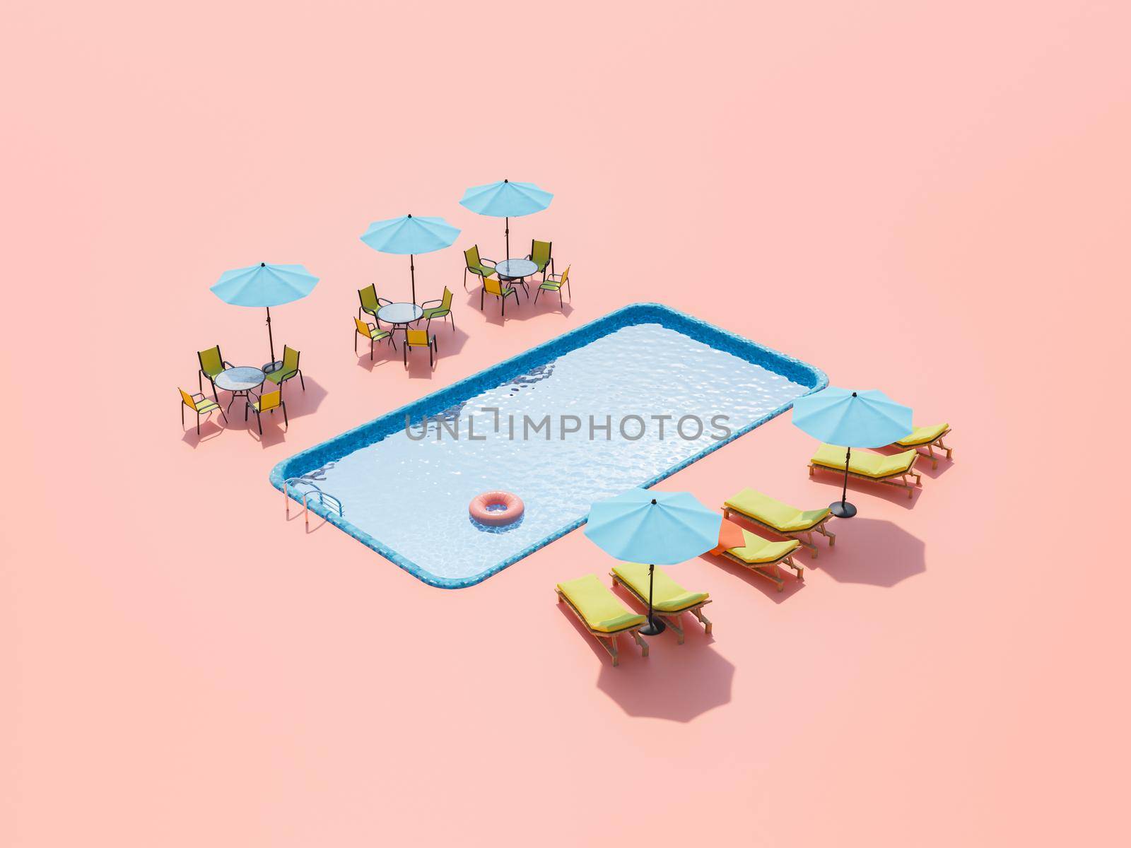 High angle 3D rendering of sunbeds with umbrellas and round tables with chairs placed near outdoor swimming pool on pink background