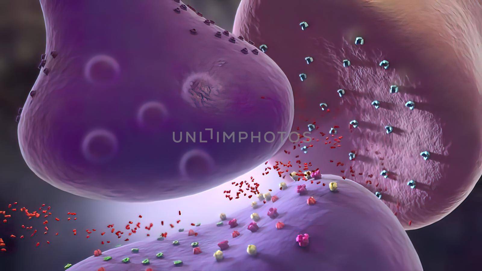 Glial cells of the nervous system release transmitters to release neuronal and synaptic activities.. 3D illustration