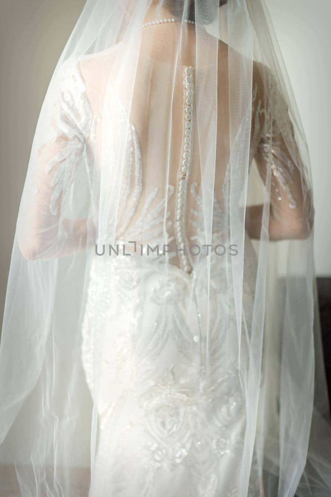 Back of white bride in white wedding dress with veil standing in the room. Back view