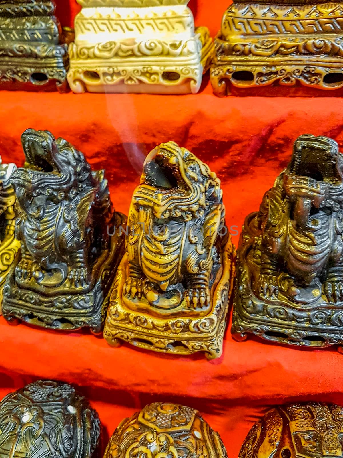 Buddha statues chinese lion figures stupas and holy shrines on Koh Samui island in Surat Thani Thailand.