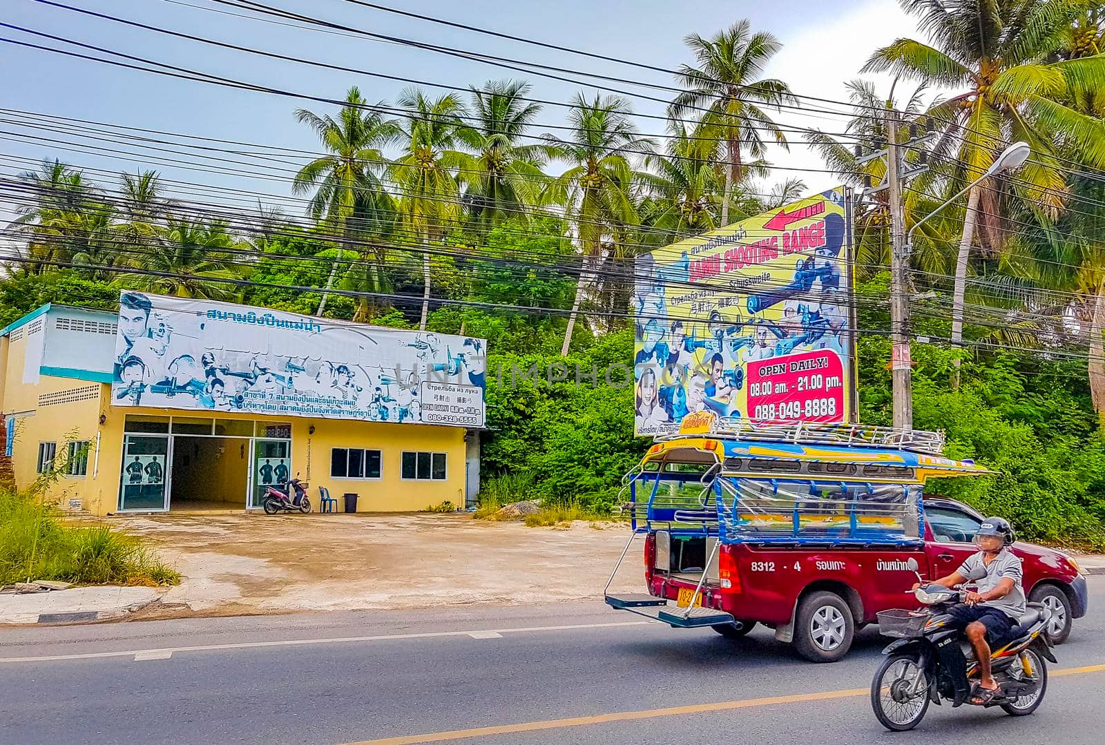 Koh Samui Thailand 25. May 2018 Typical colorful street road with markets shops restaurants buildings cars and people in Bo Phut on Koh Samui island in Surat Thani Thailand.
