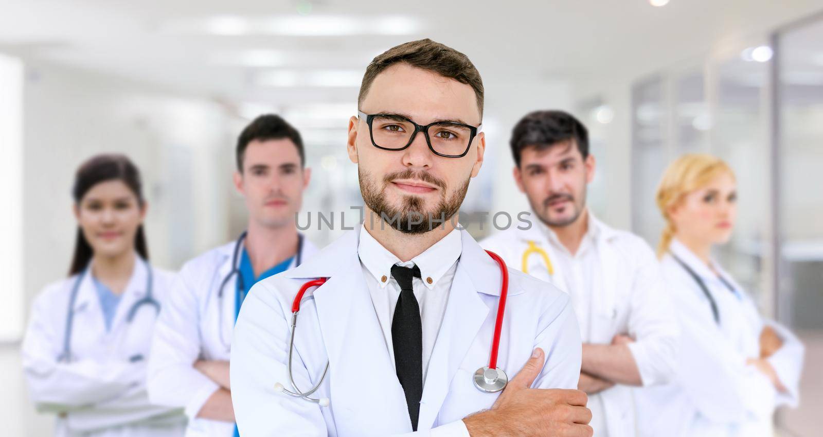 Healthcare people group. Professional doctor working in hospital office or clinic with other doctors, nurse and surgeon. Medical technology research institute and doctor staff service concept.