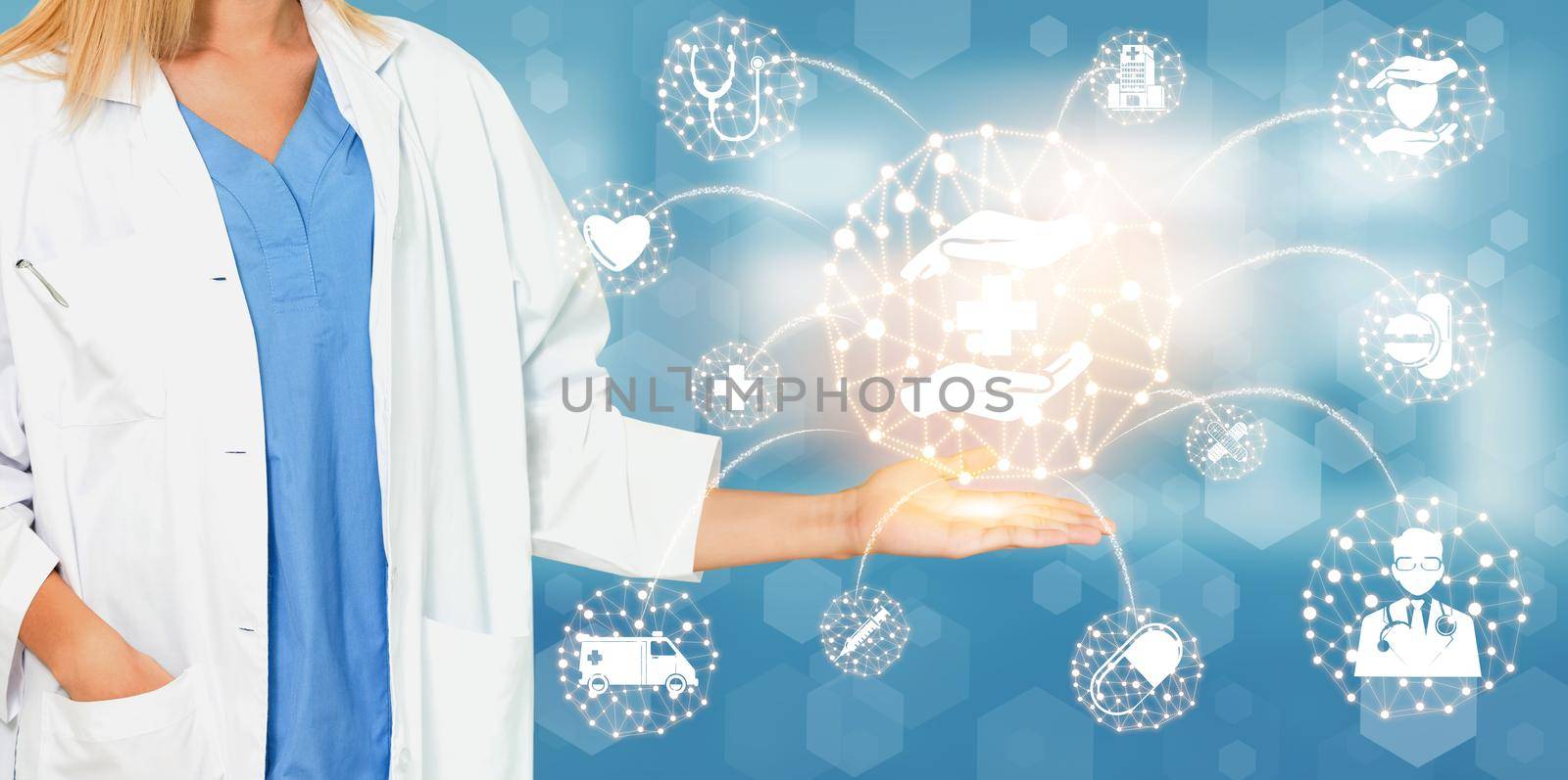 Medical Healthcare Concept - Doctor in hospital with digital medical icons graphic banner showing symbol of medicine, medical care people, emergency service network, doctor data of patient health.