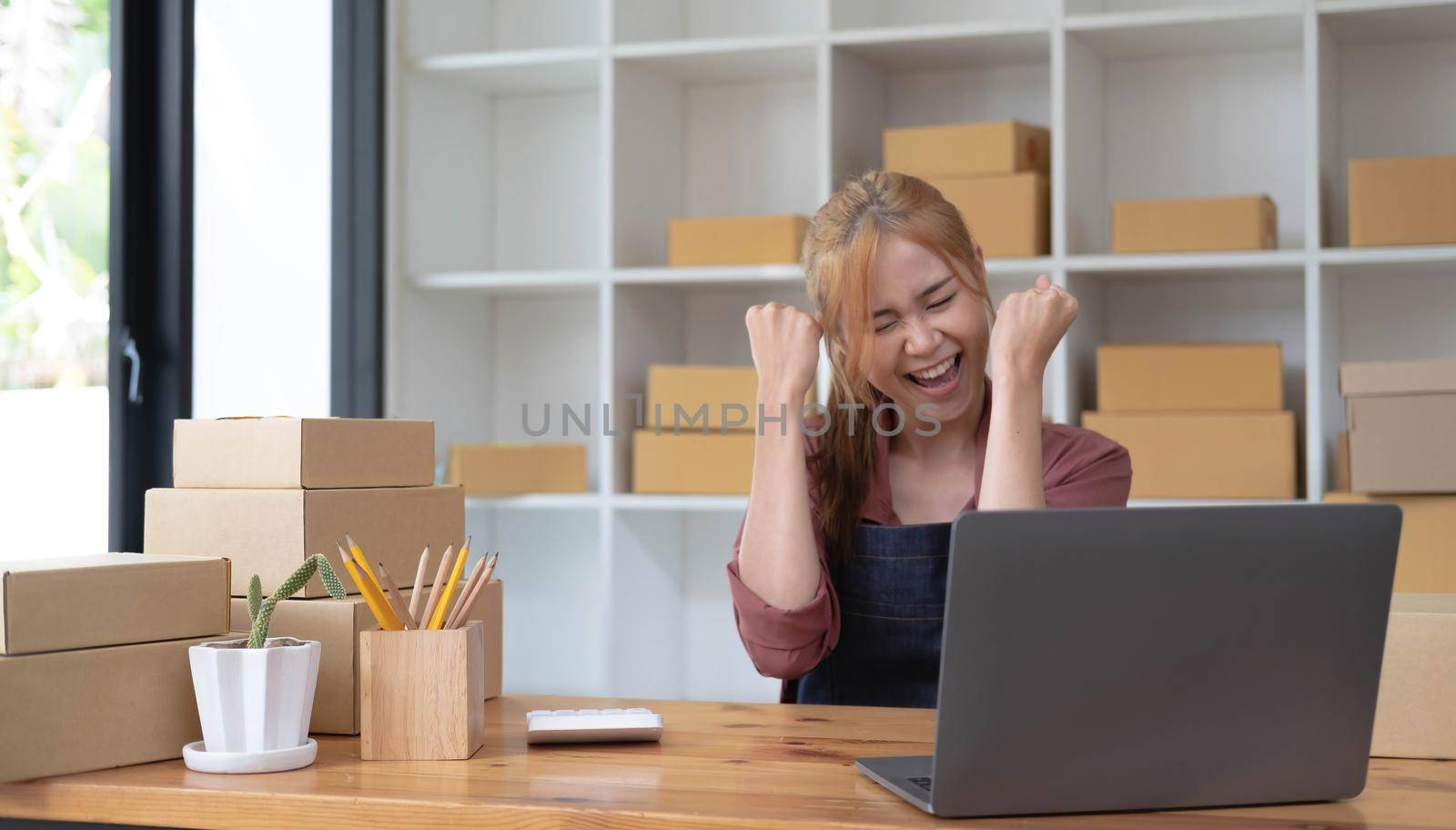 Happy young Asian woman entrepreneur, Smile for sales success after checking order from online shopping store in a smartphone at home office, Concept of merchant business online and eCommerce.