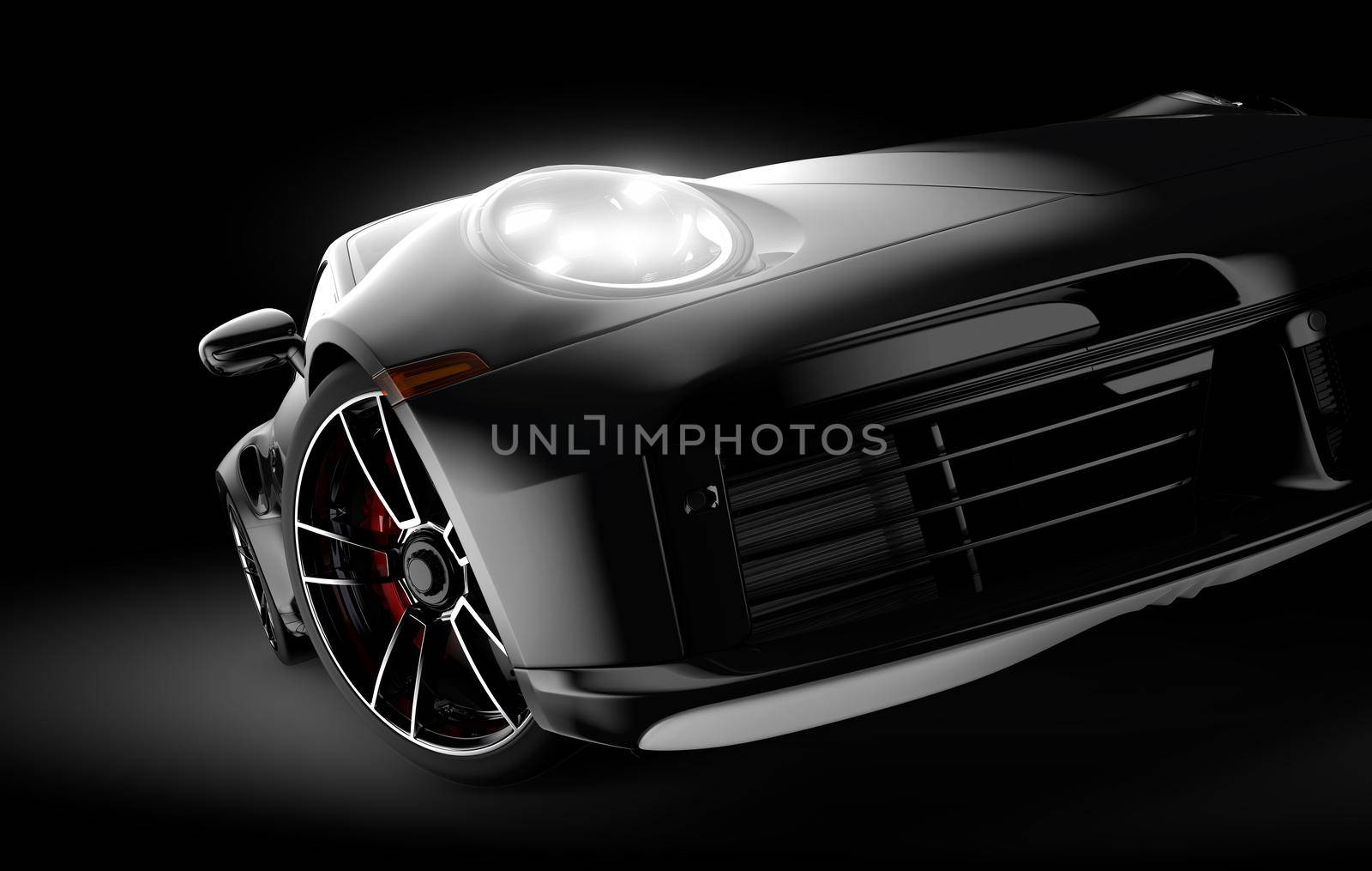 Generic and unbranded black sport car illuminated on a dark background by cla78