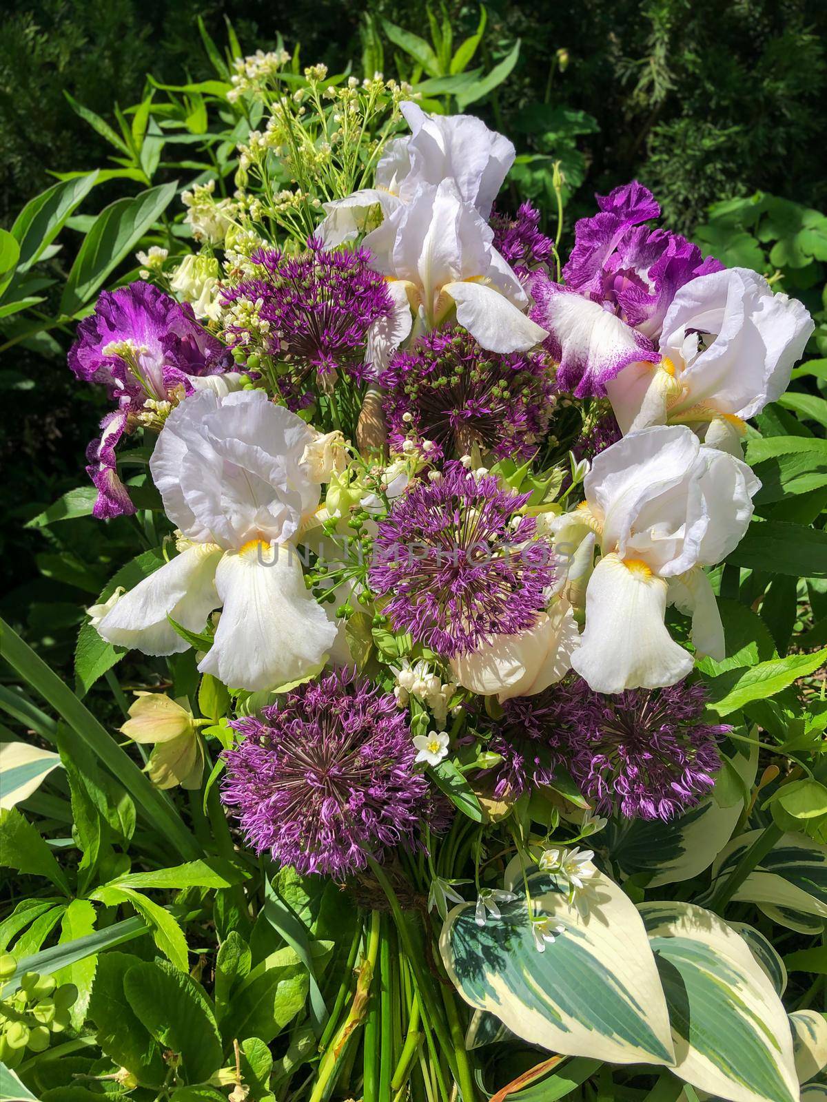 Romantic bouquets of flowers. Home decor and flowers arranging. Bouquet with irises and aliums in the garden.