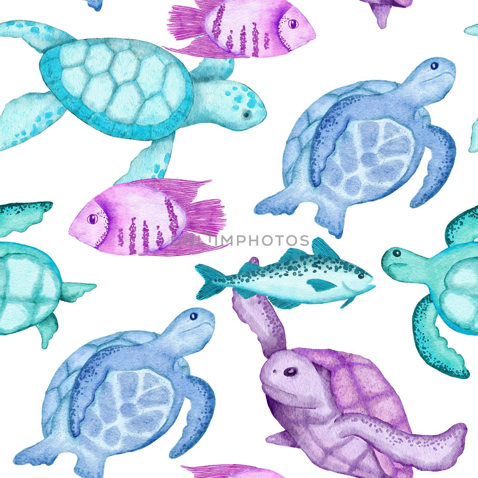 Watercolor hand drawn seamless pattern with underwater marine nautical animals shells fish. Purple blue seahorse seaweed jellyfish, ocean sea summer vacation beach background, turquoise fabric print