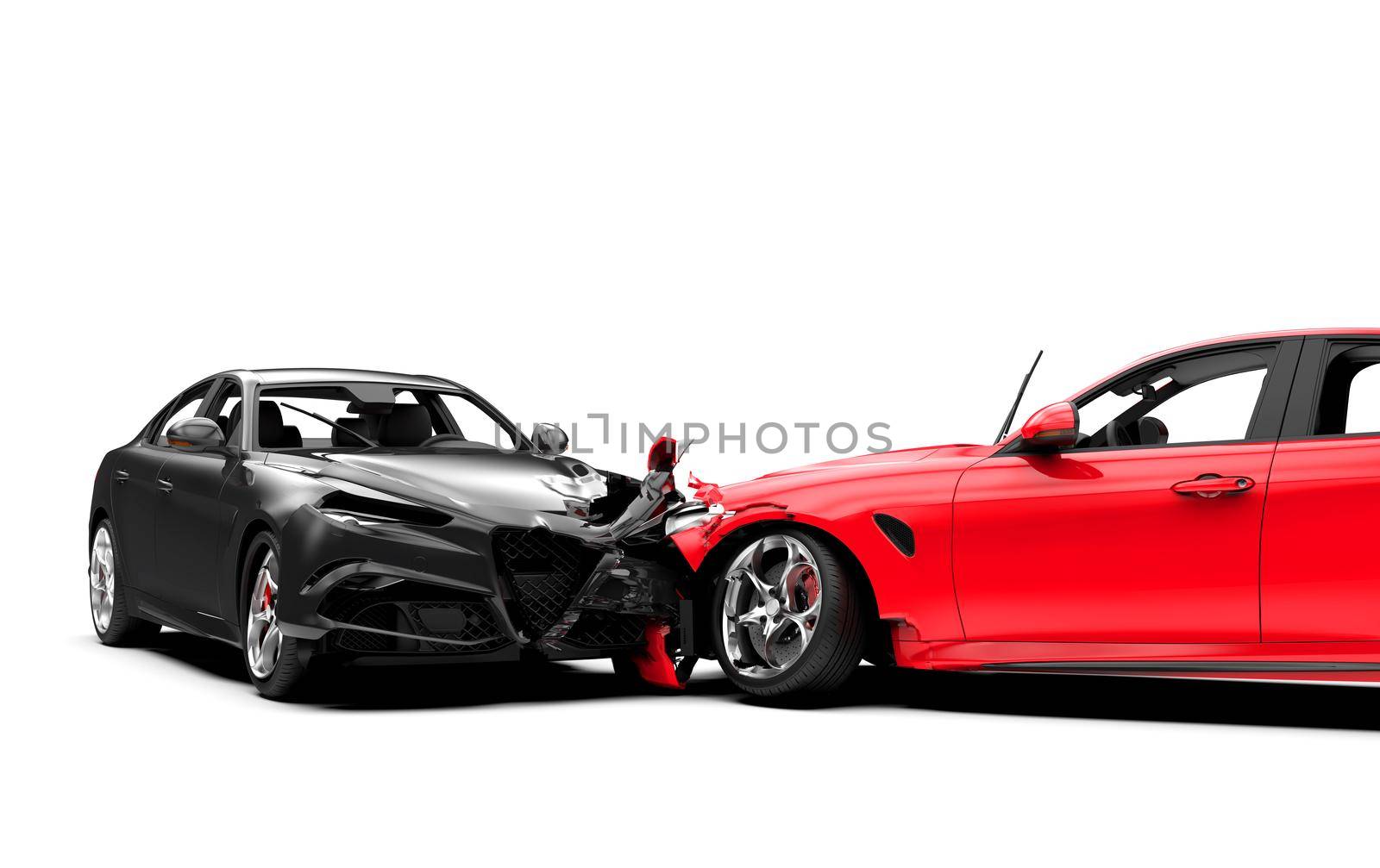 Accident between two cars, one red and one black, isolated on white: 3D illustration