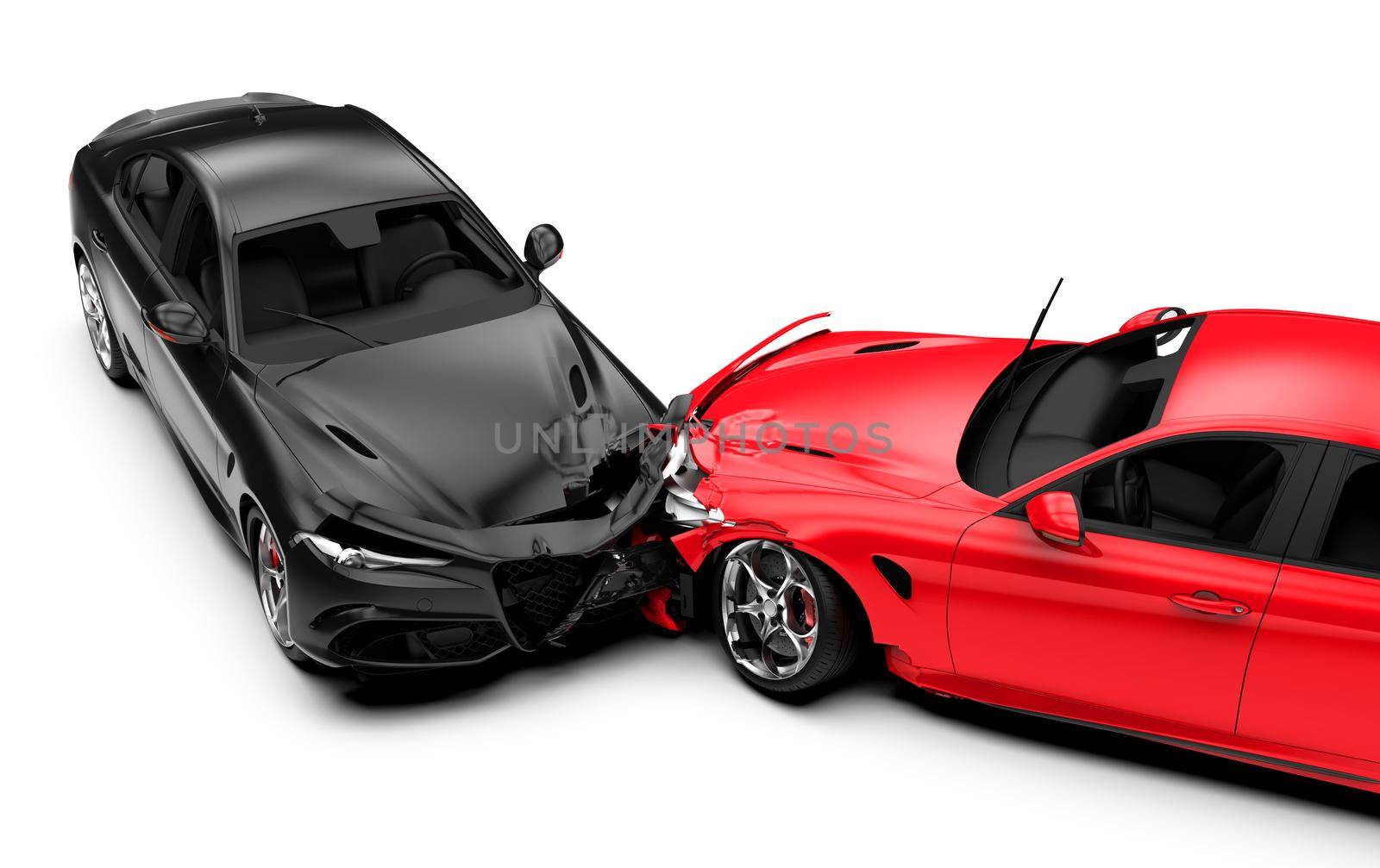 Accident between two cars, one red and one black, isolated on white, top view: 3D illustration