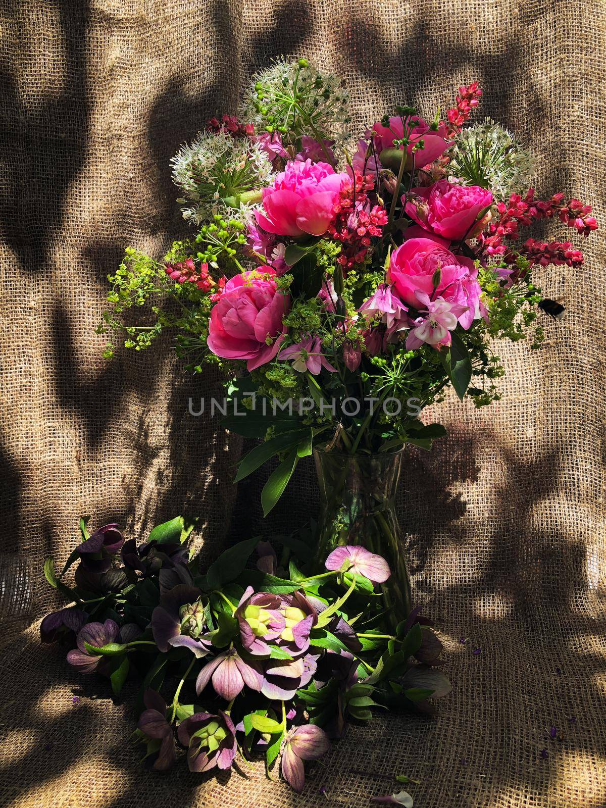 Romantic bouquets of flowers. Home decor and flowers arranging. Bouquet with peonies carnation bouquet, aliums, aquilegia, cuff and geyhera.