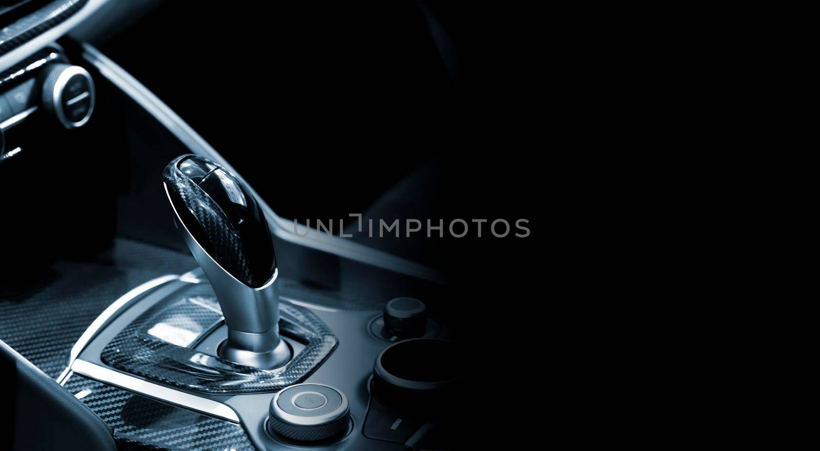 Luxury of car interior at transmission shift gear area with black copyspace