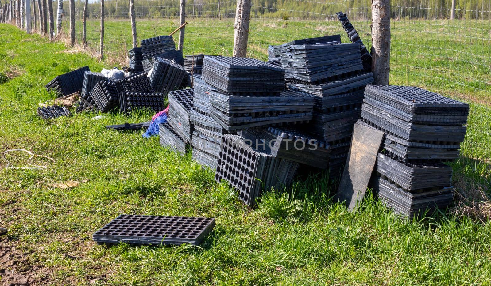 Empty black boxes for seedlings lie on the green grass by lapushka62