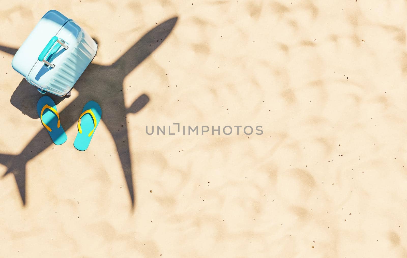 Aircraft flying over sandy beach with suitcase and flip flops by asolano