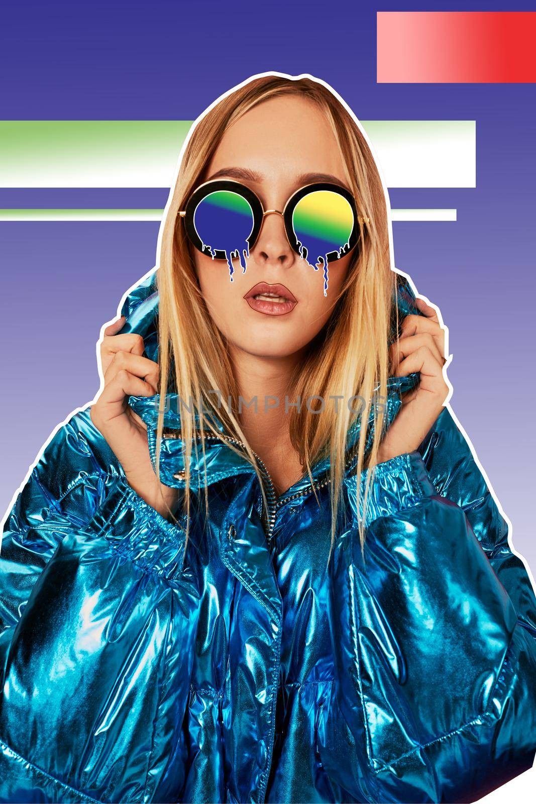Close-up fashion portrait of a charming woman in a warm shiny jacket and cartoon melting glasses, holding her hood and posing against a gradient background of studio. Art collage.