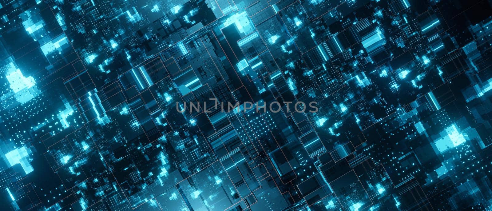 Abstract Shiny Futuristic Electronics Processor Or Large Scale PCB Circuit Like Pattern Surface Board Digital Light Blue Turquoise Banner Background Concepts 3D Illustration by yay_lmrb