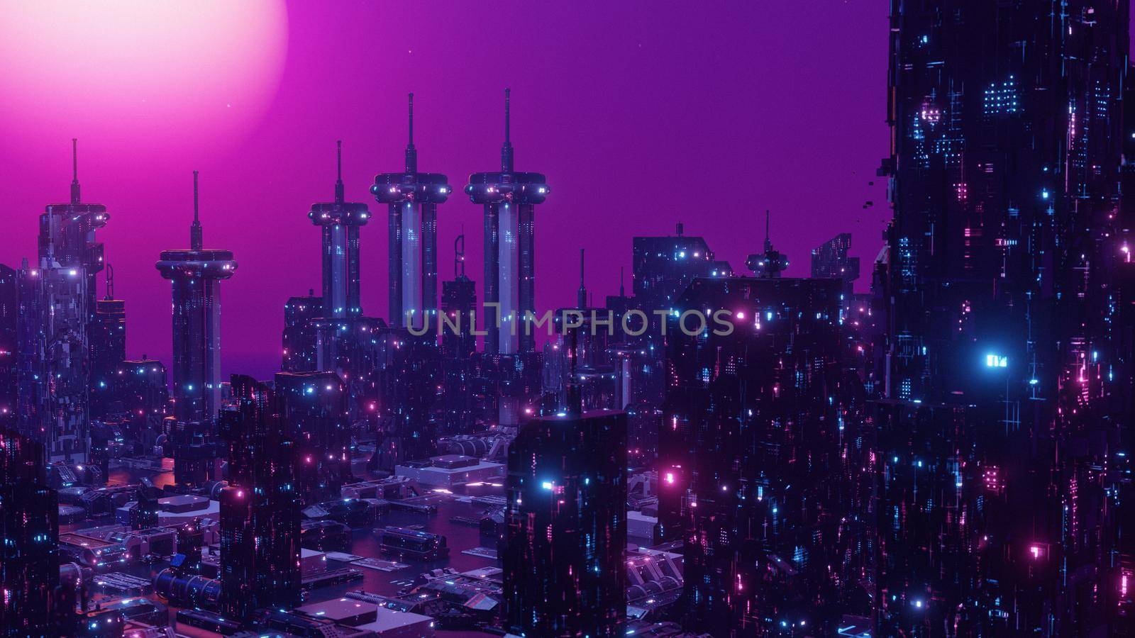 Cyberpunk Cityscape with Neon lights. Night scene 3D Render by yay_lmrb