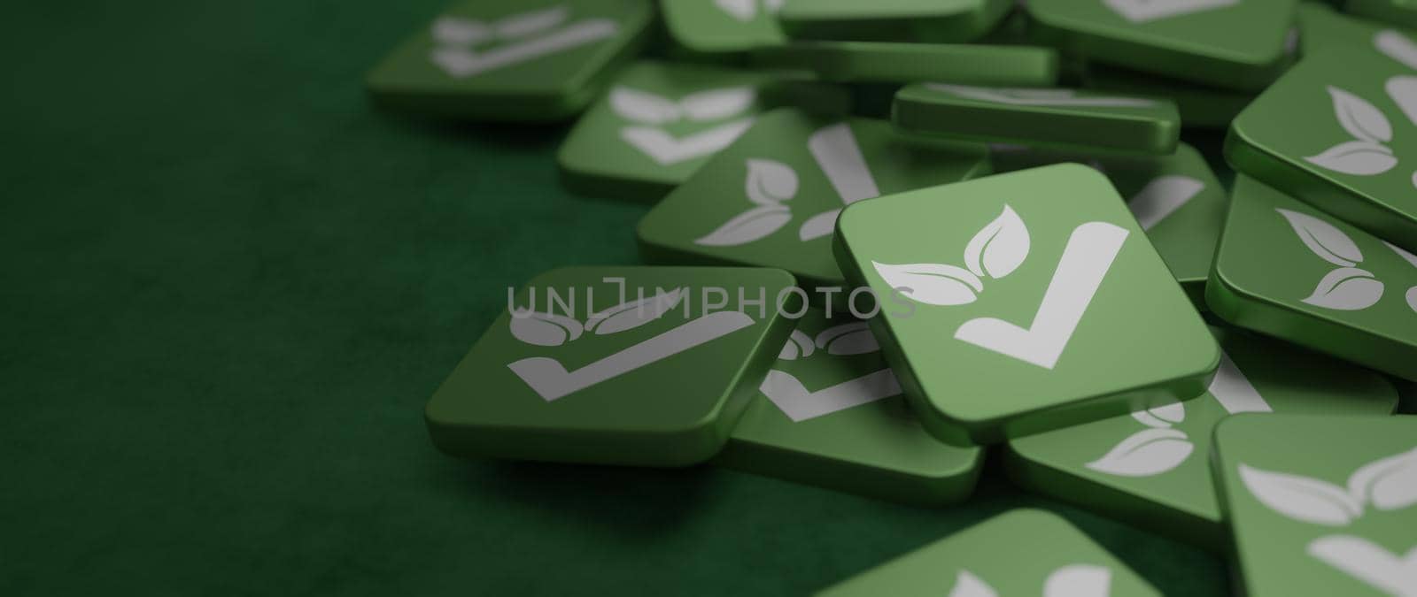 Eco friendly concept green tiles layed on table banner background 3D render by yay_lmrb