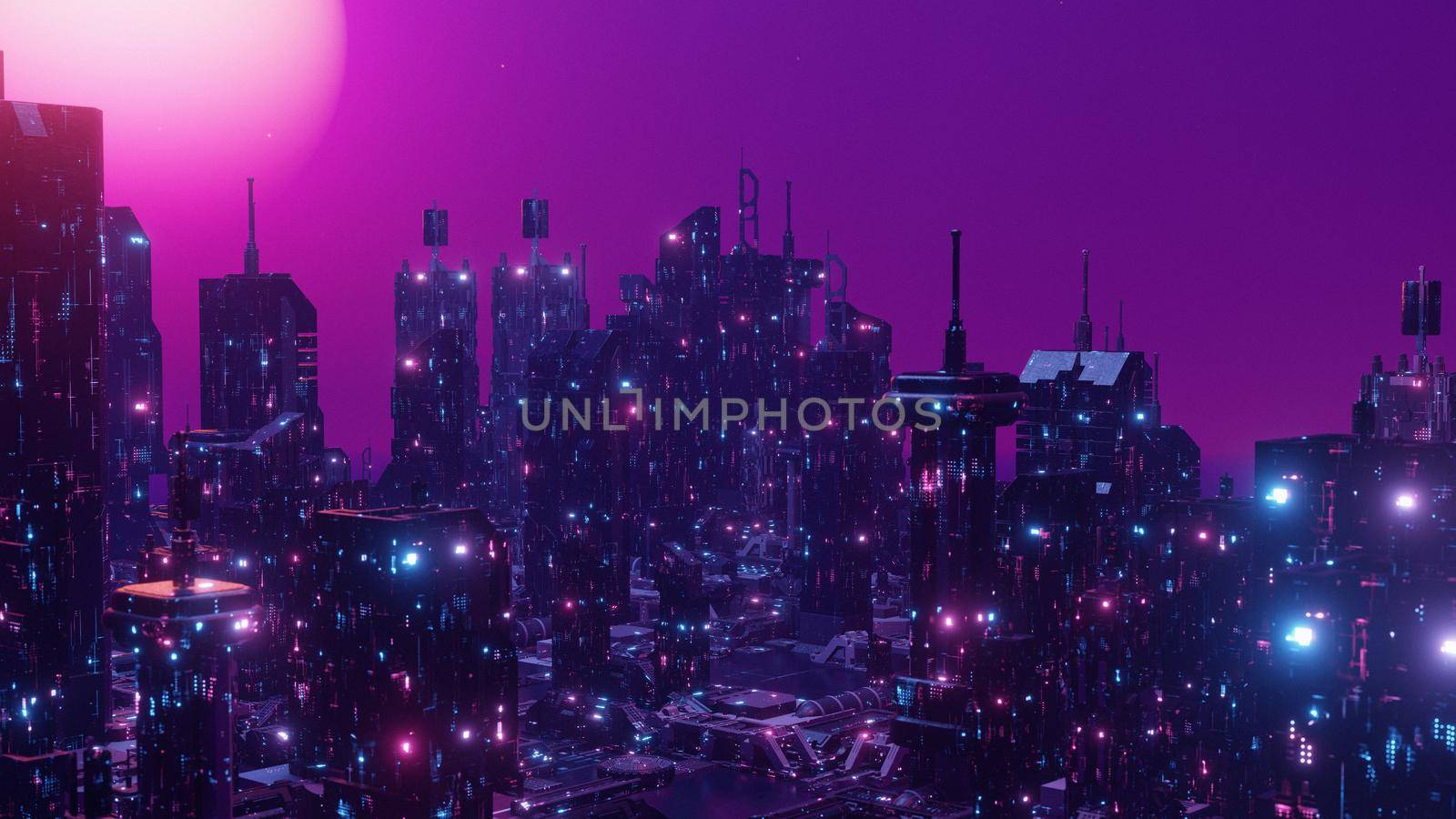 Purple Blue Light Neon Skyscraper Cyber Punk City Wallpaper Background 3d Illustration
