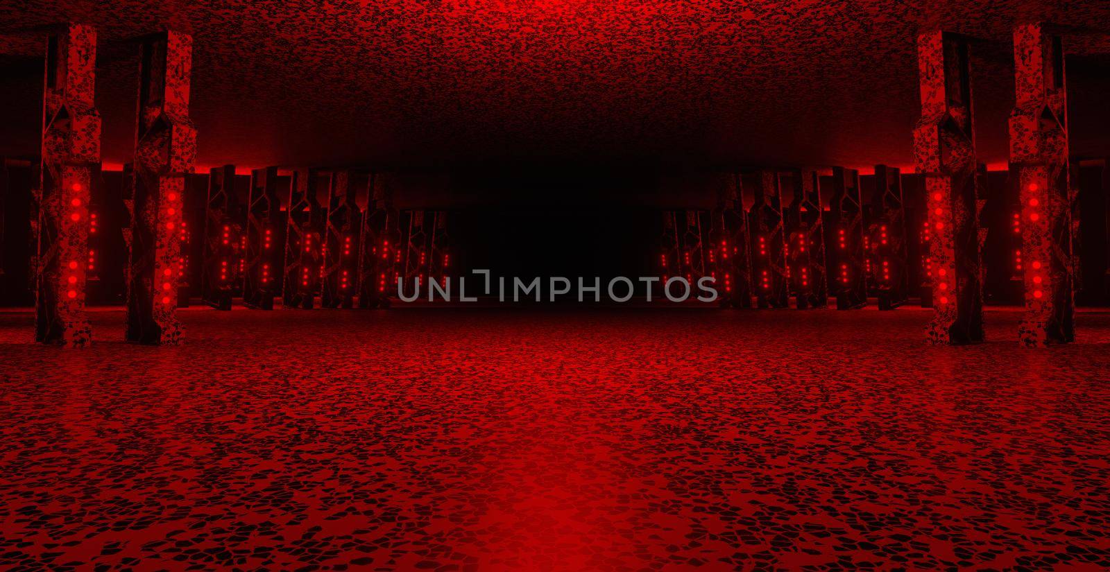 Empty Futuristic Underground Hall Corridor Tunnel Led Lights Laser Experimental Disco Future Deep Red Abstract Background Rendering 3D Rendering