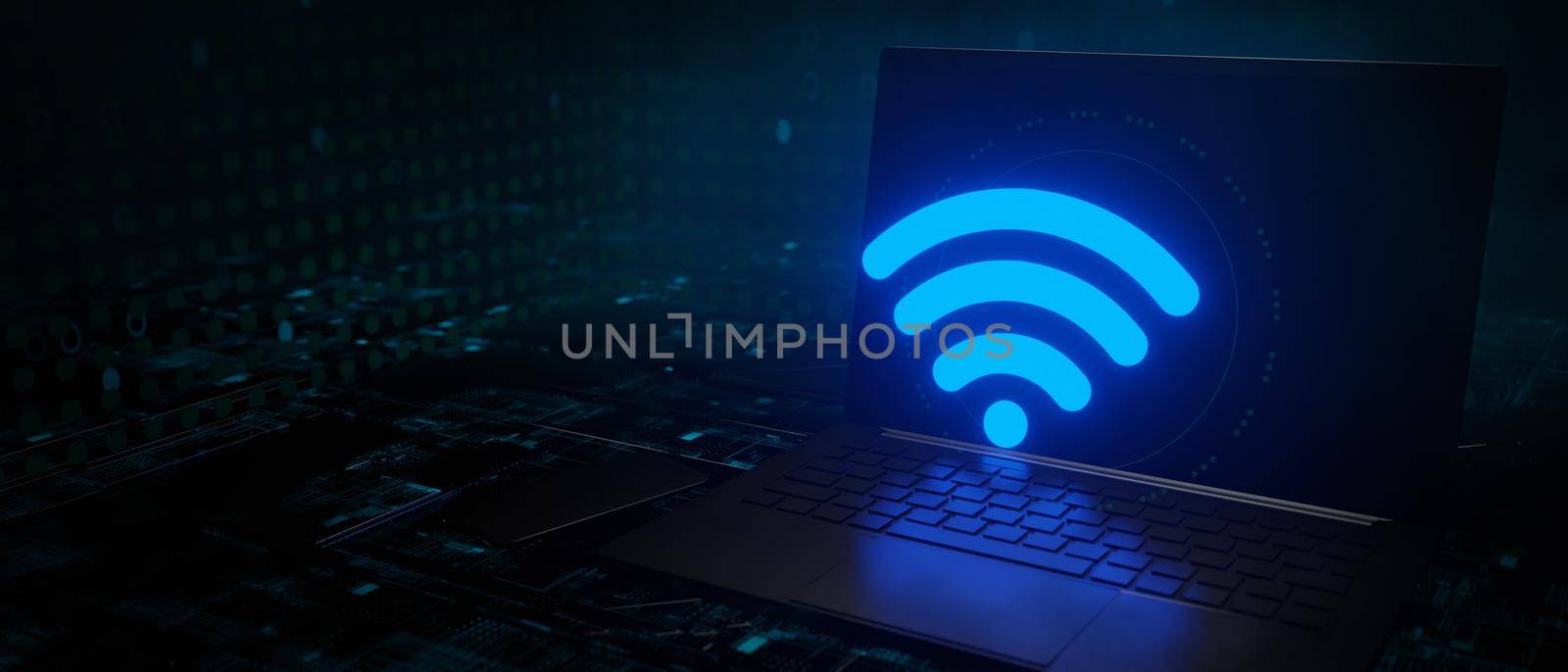 Wifi digital technology glowing icon in laptop technology background 3D render by yay_lmrb