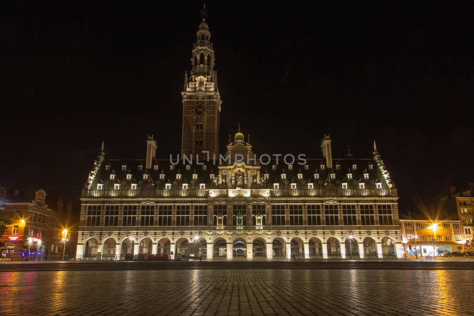 The university library on the Ladeuze square at night, Leuven, Belgium