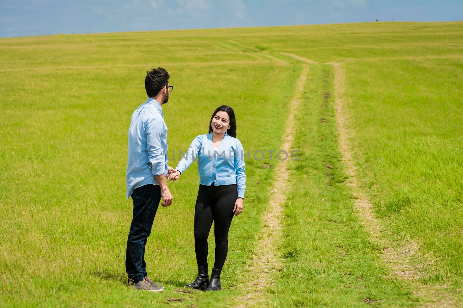 Two persons holding hands in the field, Beautiful couple holding hands looking at each other in the field, two lovers in the field holding hands
